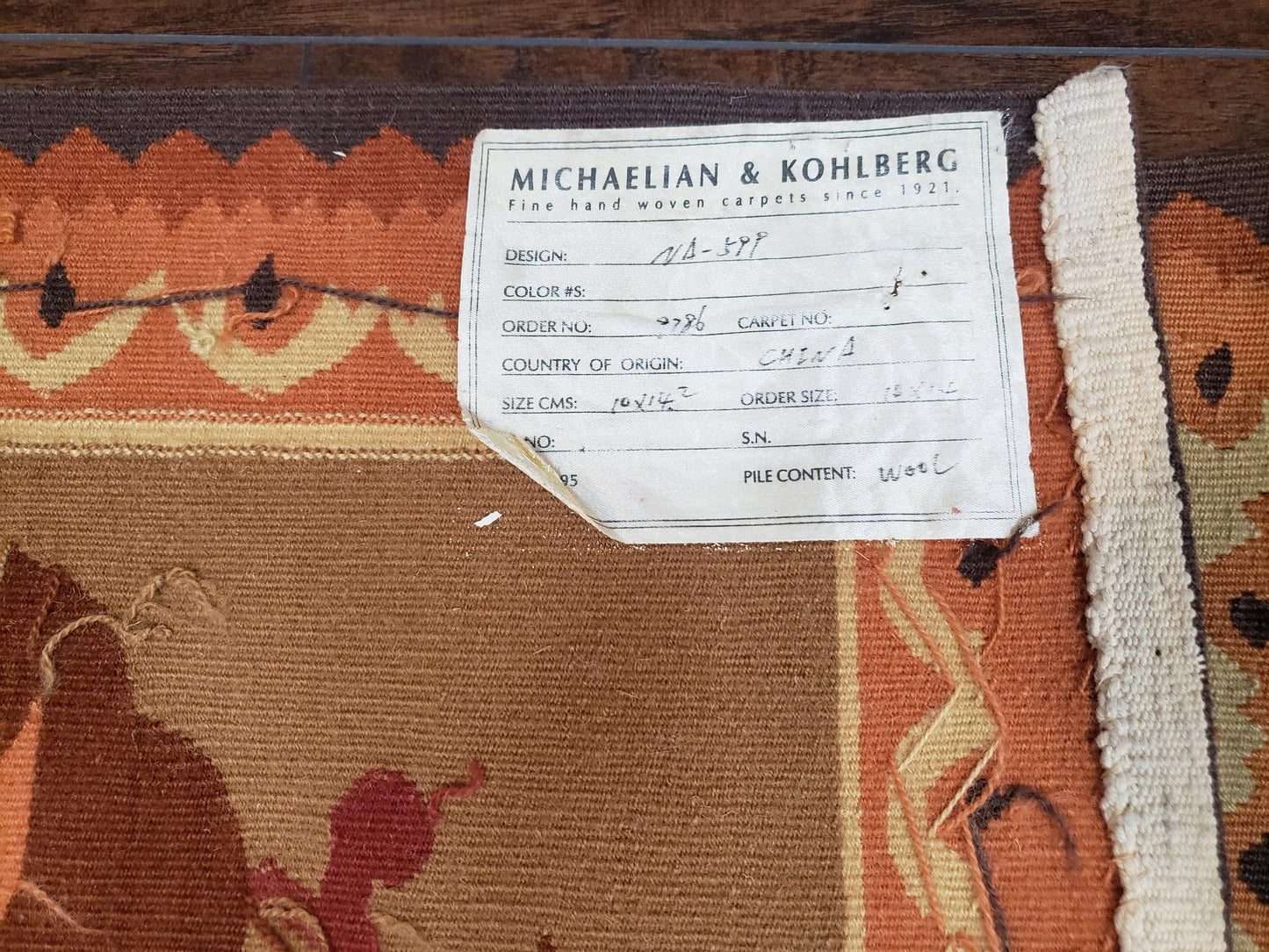 Vintage Chinese Aubusson Savonnerie Flat Pile Rug 9.9 x 14.5 Wool Handwoven Red & Khaki Large Flowers Rug 9x14 - 10x15 Michaelian Kolhberg - Nuvé