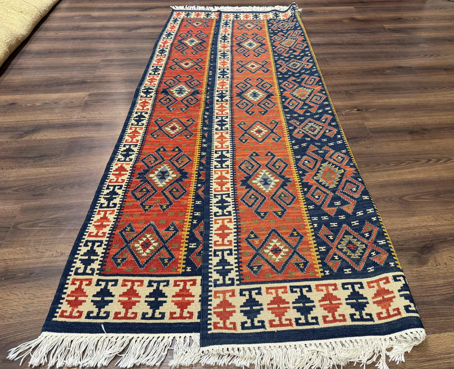 Turkish Kilim Rug 5x8, Flatweave Carpet, Handmade Bohemian Rug, Terracotta and Navy Blue - Nuvé