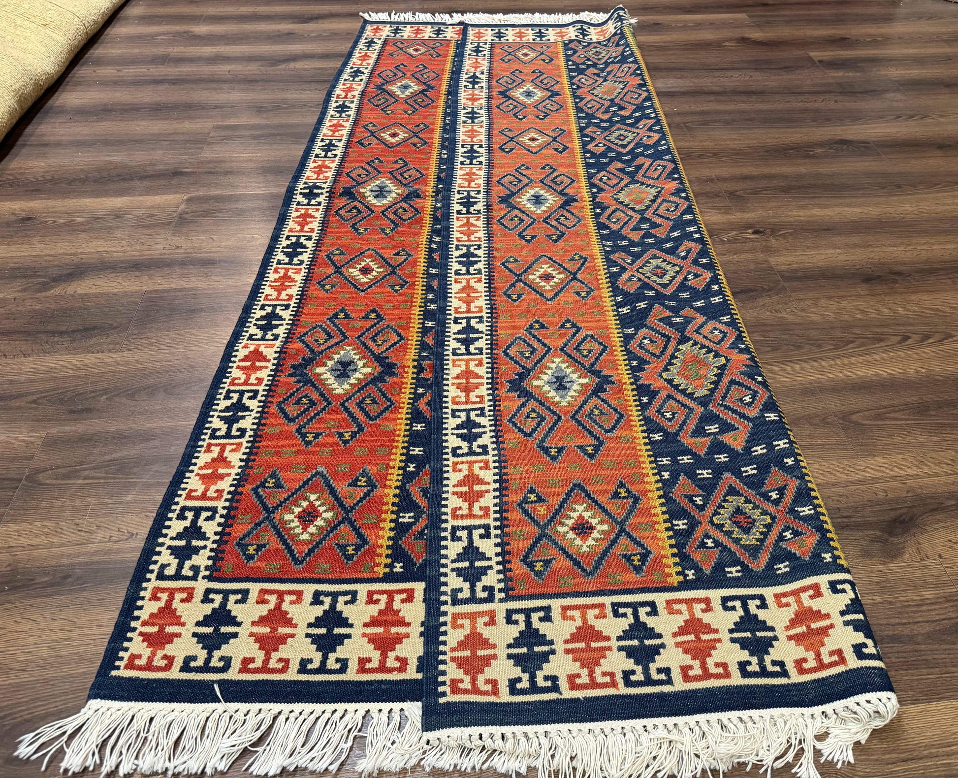 Turkish Kilim Rug 5x8, Flatweave Carpet, Handmade Bohemian Rug, Terracotta and Navy Blue - Nuvé