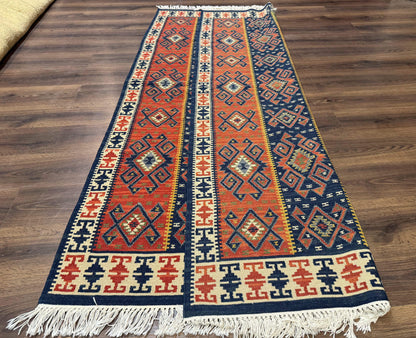 Turkish Kilim Rug 5x8, Flatweave Carpet, Handmade Bohemian Rug, Terracotta and Navy Blue - Nuvé
