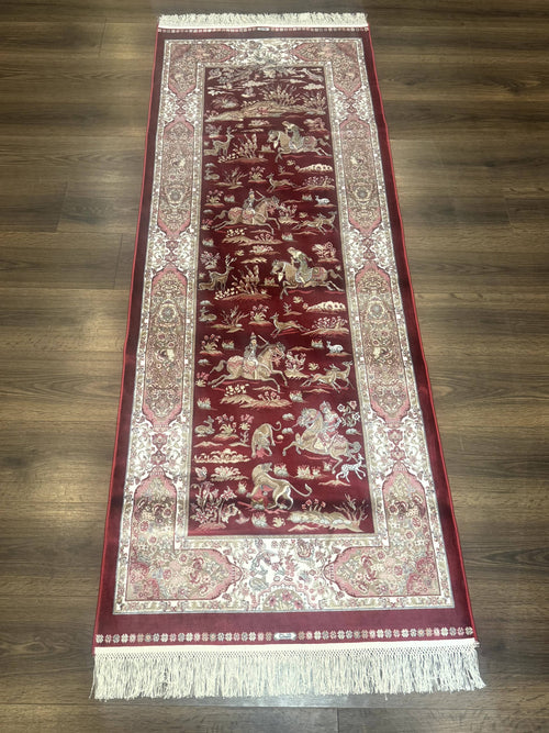 Turkish Silk Rug 2.6 x 6.7, Hunting Design, Short Runner Rug, Red & Ivory, Bamboo Silk, New - Nuvé