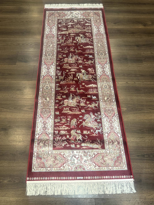 Turkish Silk Rug 2.6 x 6.7, Hunting Design, Short Runner Rug, Red & Ivory, Bamboo Silk, New - Nuvé