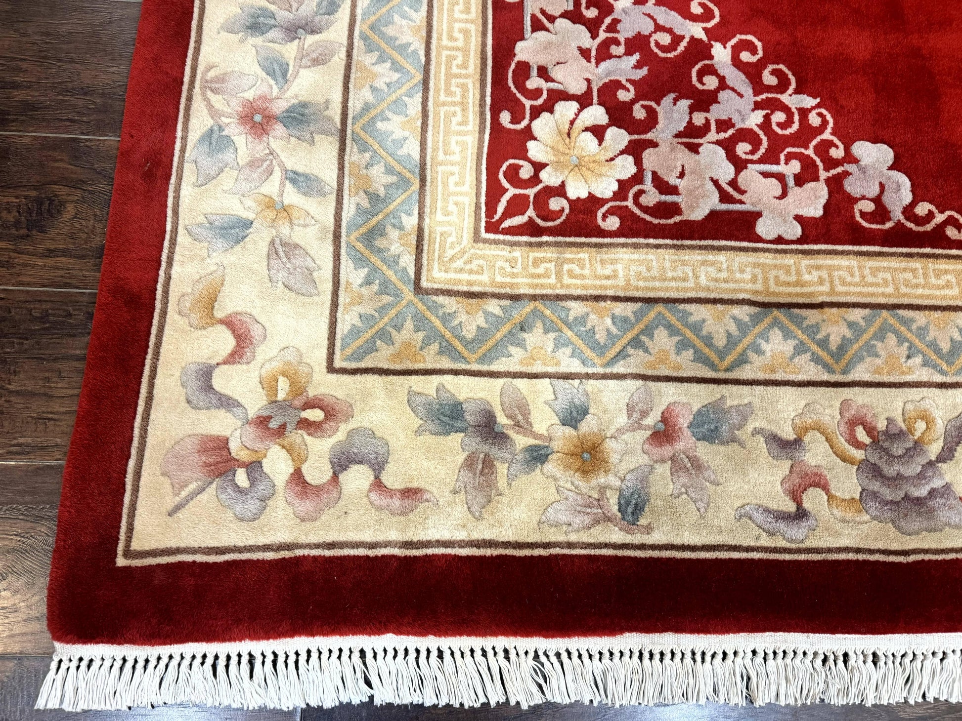 Chinese Wool Rug 8.6 x 11, Red and Beige Asian Oriental Carpet, Plush Pile, Vintage Handmade Chinese Carving Sculpted Rug, Semi Open Field - Nuvé
