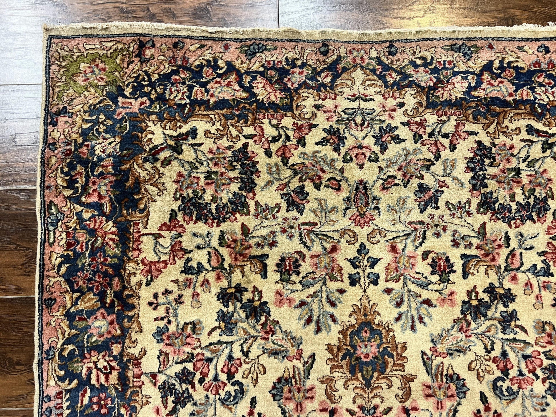 Antique Persian Kirman Rug 4x7, Cream and Navy Blue, Hand Knotted Wool Floral Carpet - Nuvé