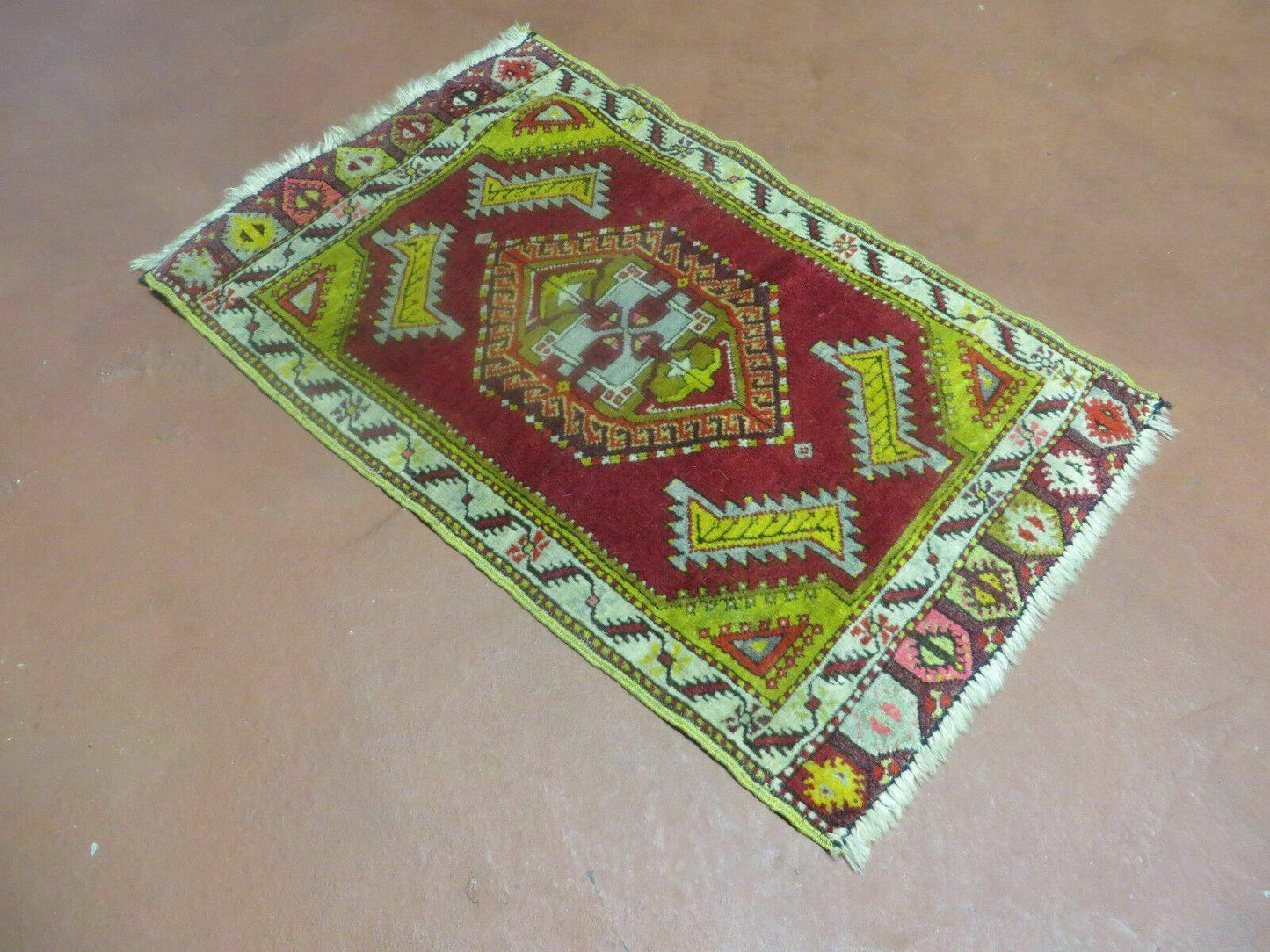 Antique Turkish Yastik Rug 2x3, Handmade Wool Oushak Small Oriental Carpet Red - Nuvé