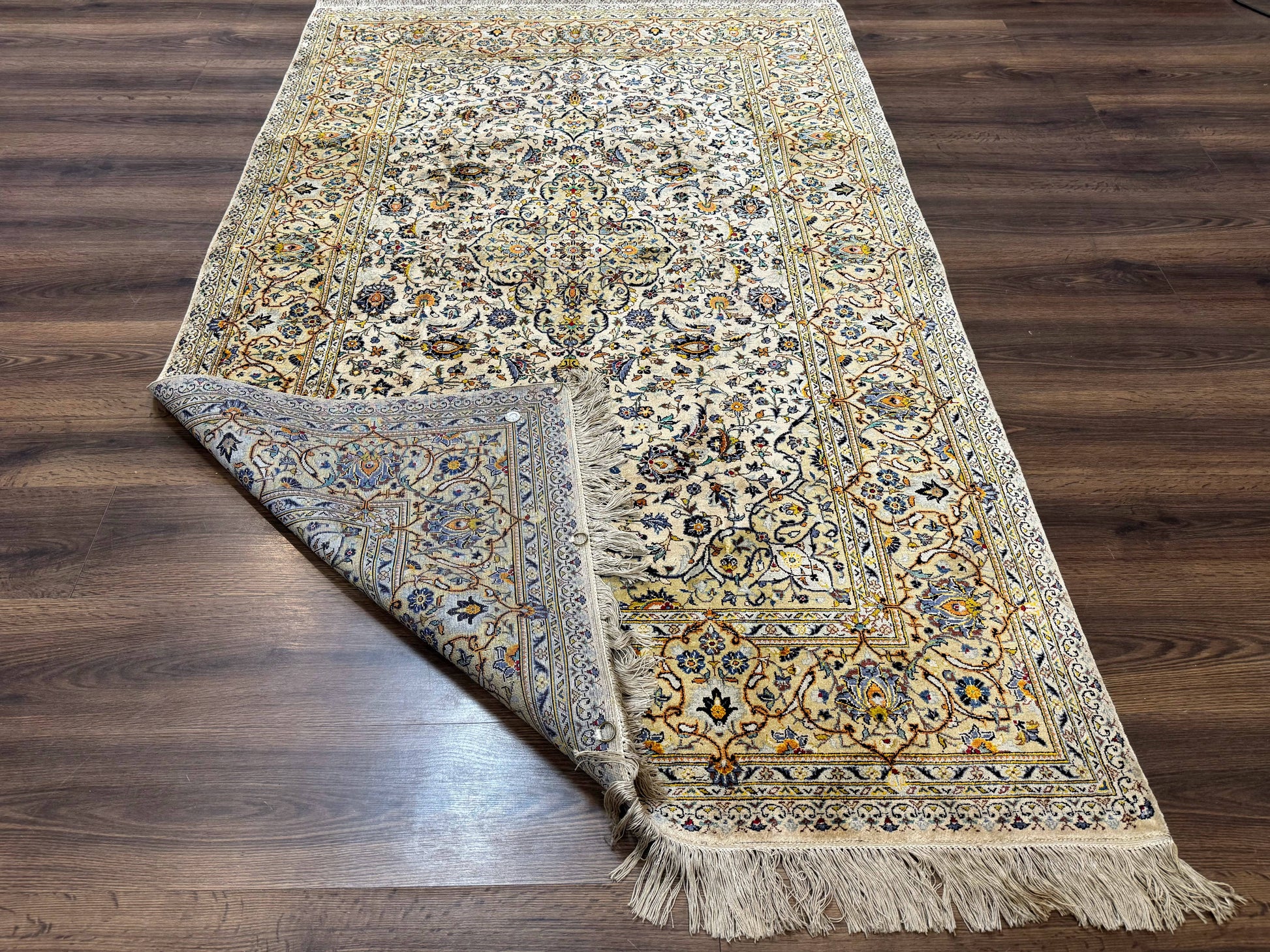 Rare Silk Persian Kashan Rug 4.6 x 7, Antique Fine 310 KPSI, Ivory - Nuvé
