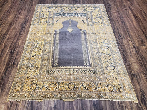 Rare Turkish Ghiordes Prayer Rug 4 x 5.8 ft, Late 19th Century Turkish Oriental Carpet, Mehrab Antique Prayer Rug, Museum Quality, Blue, Tan - Nuvé