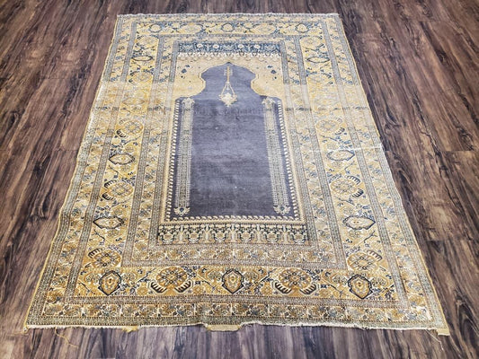 Rare Turkish Ghiordes Prayer Rug 4 x 5.8 ft, Late 19th Century Turkish Oriental Carpet, Mehrab Antique Prayer Rug, Museum Quality, Blue, Tan - Nuvé