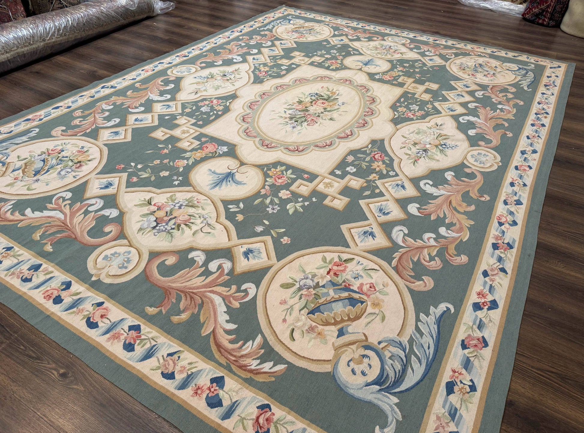 Aubusson Rug 9x12, Muted Sage Green and Cream, European Design - Nuvé