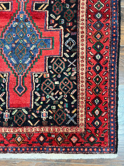 Persian Kurdish Senneh Runner Rug 3x9, Red Navy Blue, Medallions Wool Tribal Runner for Kitchen/Hallway 9ft Antique Handmade Oriental Runner - Nuvé