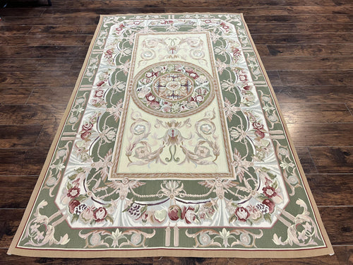 Aubusson Rug 5x8, Wool Handmade Vintage Carpet, Angel Motifs, Flatweave Rug 5 x 8, Medium Sized, European Design - Nuvé