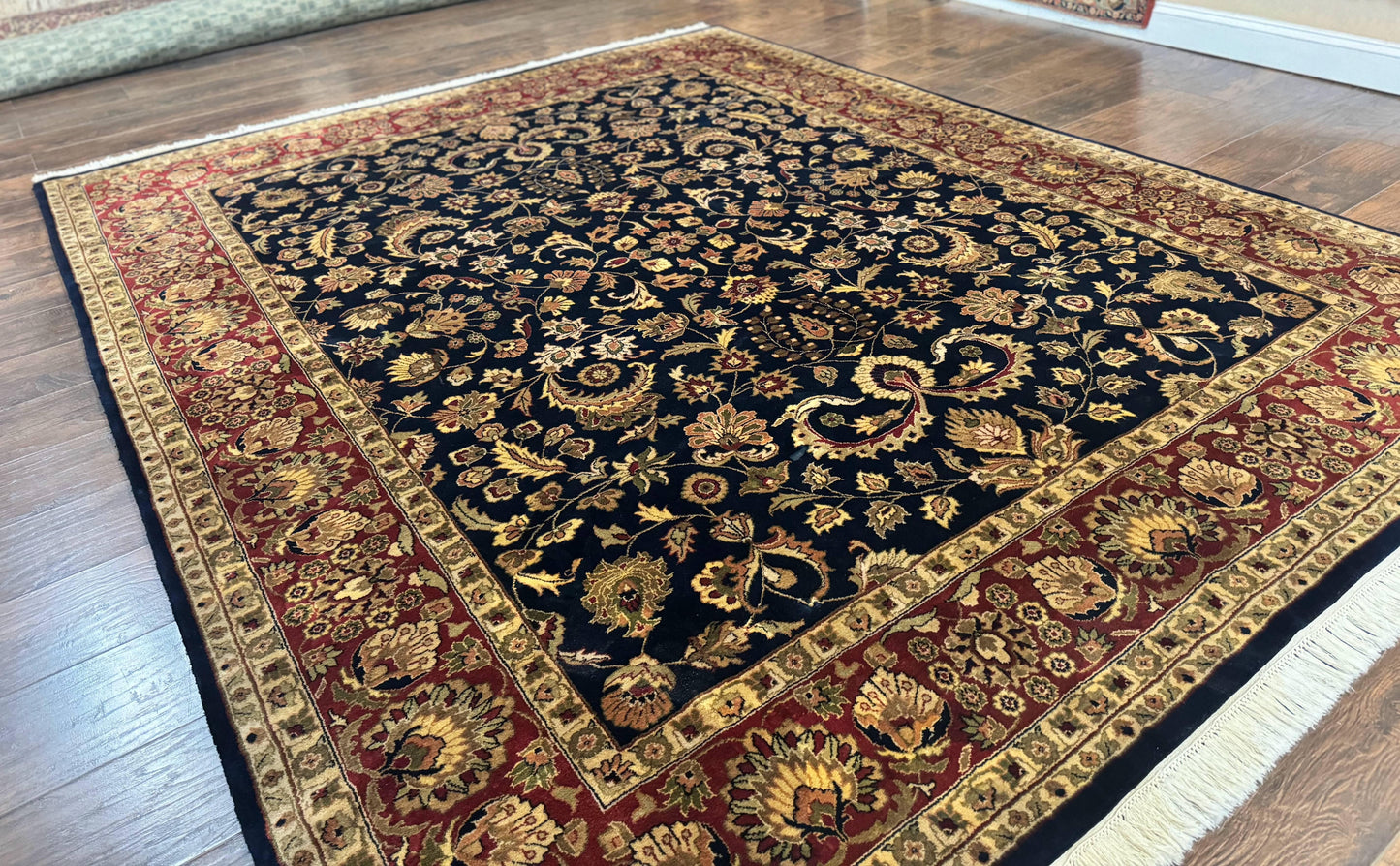 Indo Persian Rug 8x10, Navy Blue and Red, Floral Allover, Hand Knotted Vintage Wool Carpet, Indo Sarouk - Nuvé