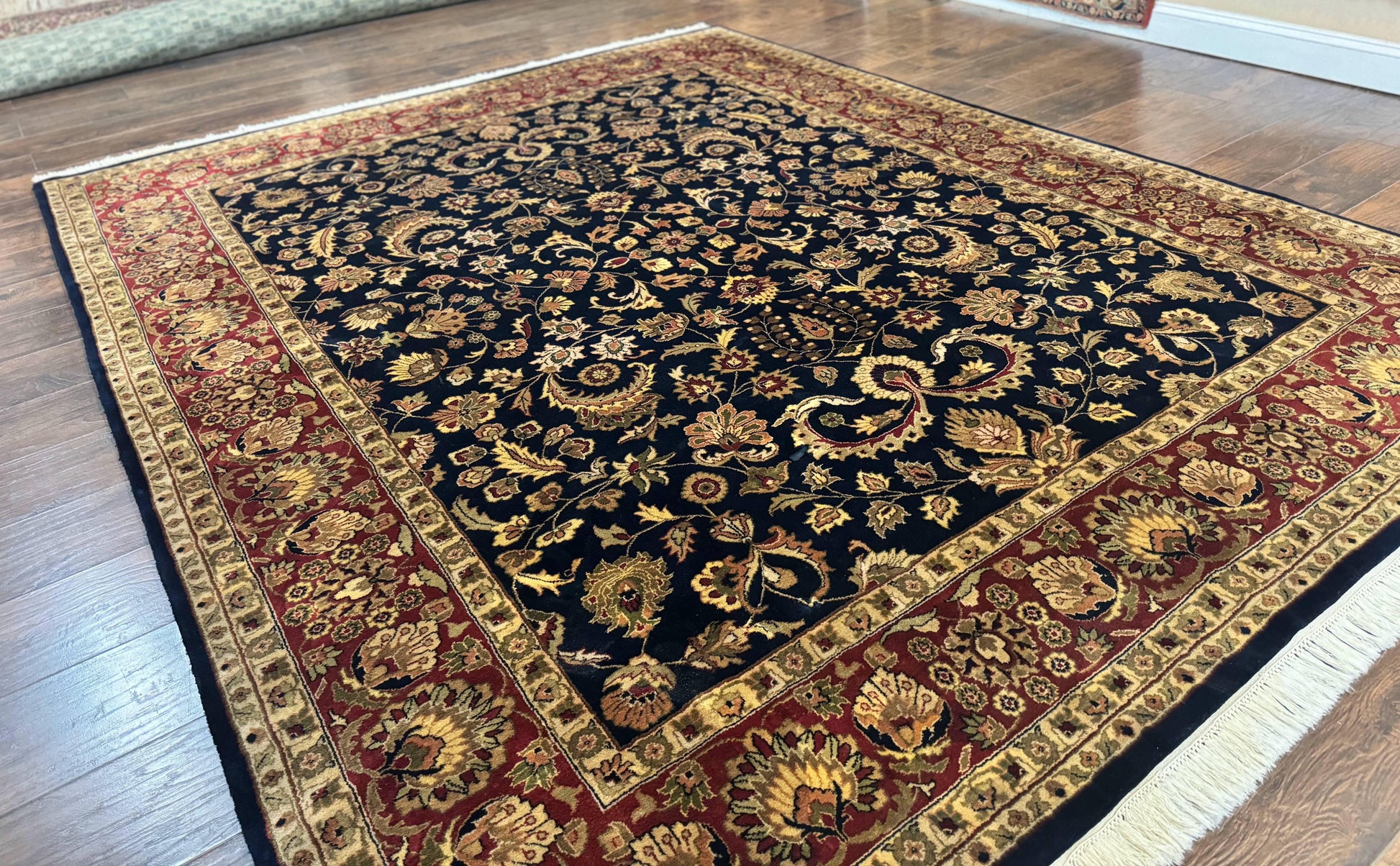 Indo Persian Rug 8x10, Navy Blue and Red, Floral Allover, Hand Knotted Vintage Wool Carpet, Indo Sarouk - Nuvé