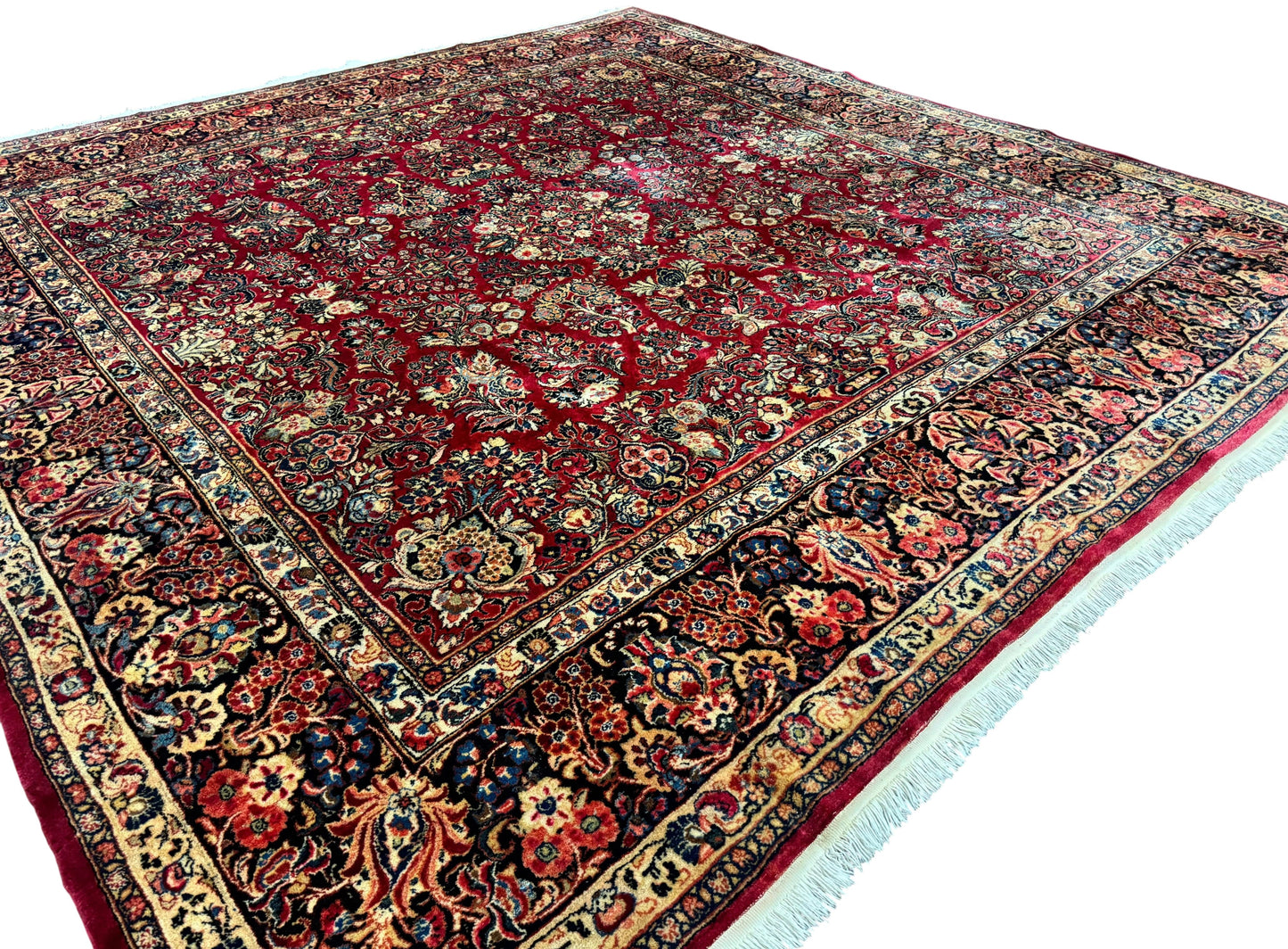 Persian Sarouk Rug 10x10, Square Persian Carpet, Red, Floral, Antique