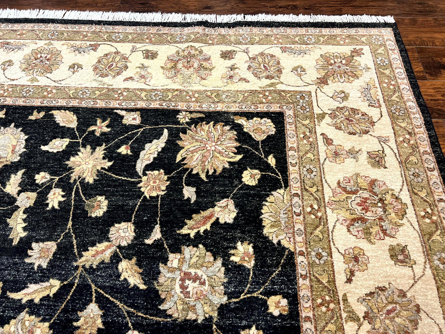 Indo Persian Rug 10x14, Charcoal and Beige, Floral Allover, Handmade Vintage Wool Carpet - Nuvé