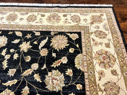 Indo Persian Rug 10x14, Charcoal and Beige, Floral Allover, Handmade Vintage Wool Carpet - Nuvé