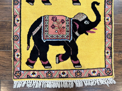 Unique Indian Pictorial Rug 2x3, Small Wool Hand Knotted Oriental Carpet, Yellow, Two Elephants, Handmade - Nuvé