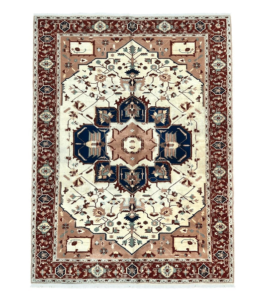 Indo Heriz Rug 9x12, Geometric Indo Persian Room Sized Decorative Area Rug 9 x 12 ft, Cream Navy Blue Pink Handmade Vintage Wool Carpet