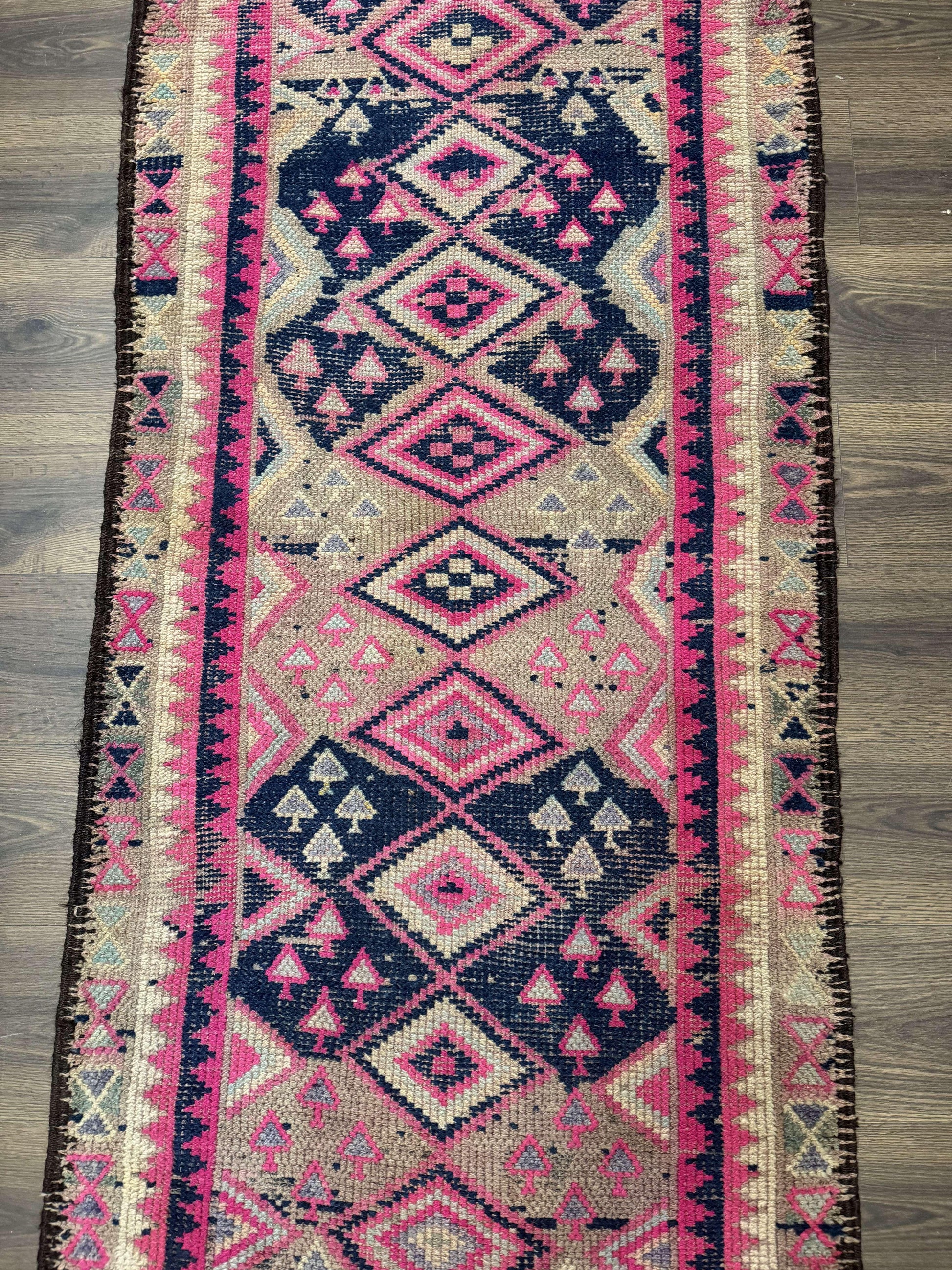 Turkish Runner Rug 3x10, Pink and Navy Blue, Bohemian Runner for Hallway or Kitchen, Vintage, Geometric, Tribal - Nuvé