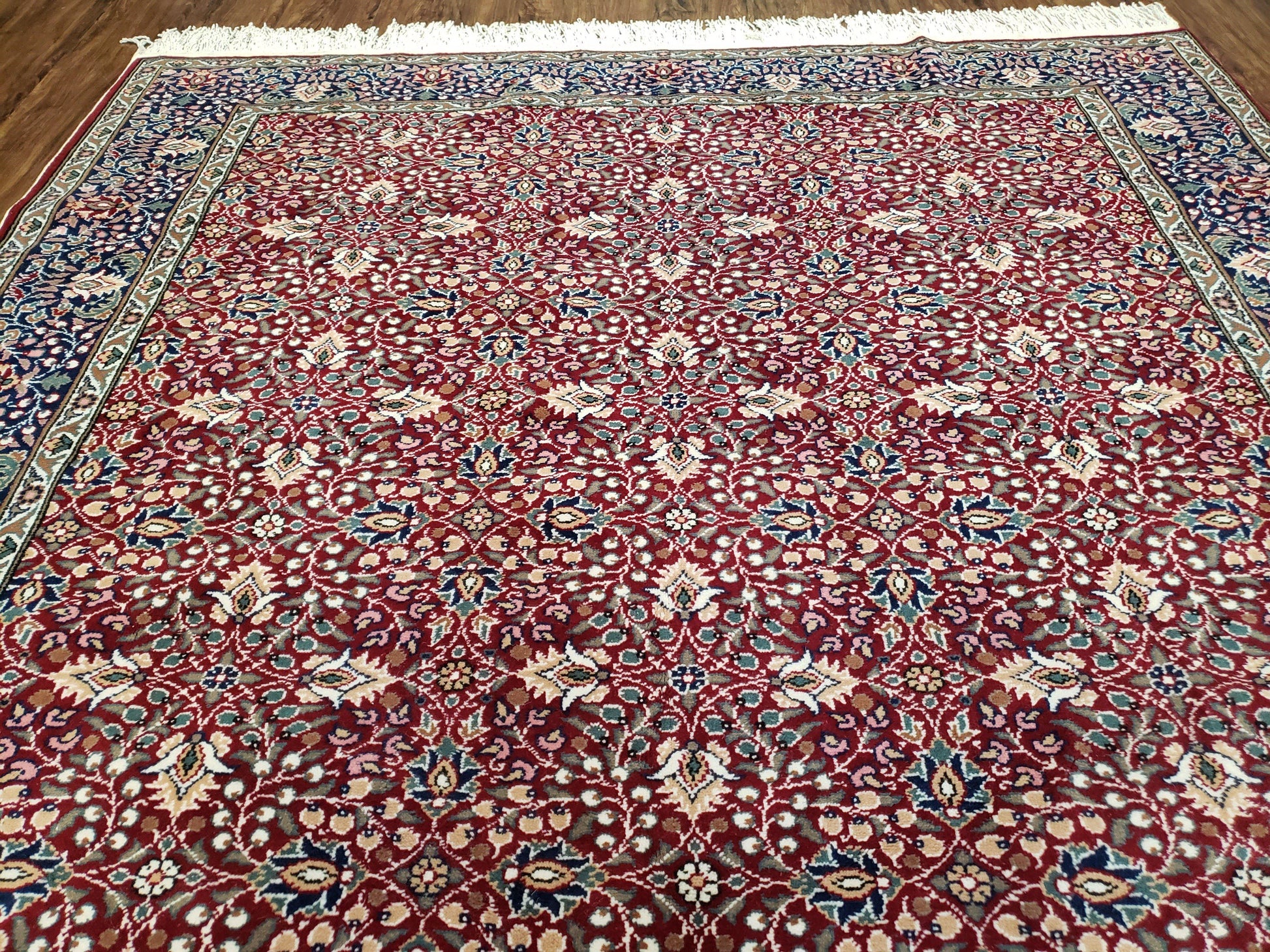 Vintage Turkish Sivas Area Rug 6.5 x 9.5, Wool Hand-Knotted Red & Midnight Blue Allover Floral Pattern Oriental Carpet, 6x9 Traditional Rug - Nuvé