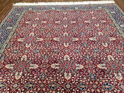 Vintage Turkish Sivas Area Rug 6.5 x 9.5, Wool Hand-Knotted Red & Midnight Blue Allover Floral Pattern Oriental Carpet, 6x9 Traditional Rug - Nuvé