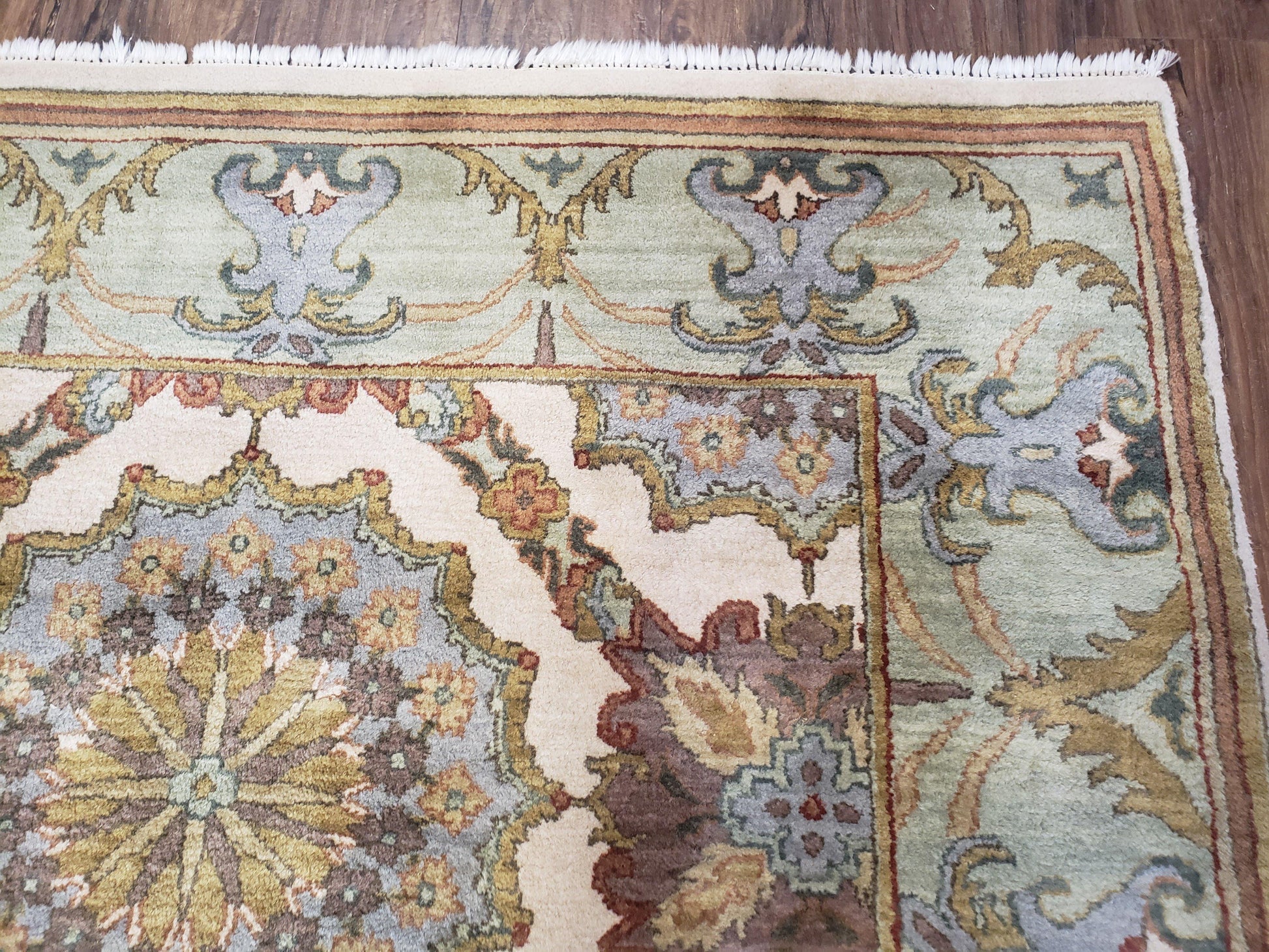 Indo Sultanabad Area Rug 8 x 9.5, Wool Hand-Knotted Ivory Green Teal Decorative Rug, Floral Panel Carpet, Indian Rug, 8 x 10 Bedroom Rug - Nuvé