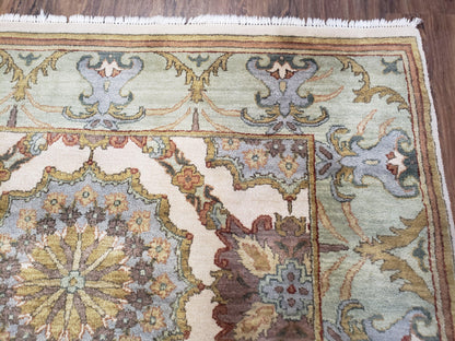 Indo Sultanabad Area Rug 8 x 9.5, Wool Hand-Knotted Ivory Green Teal Decorative Rug, Floral Panel Carpet, Indian Rug, 8 x 10 Bedroom Rug - Nuvé