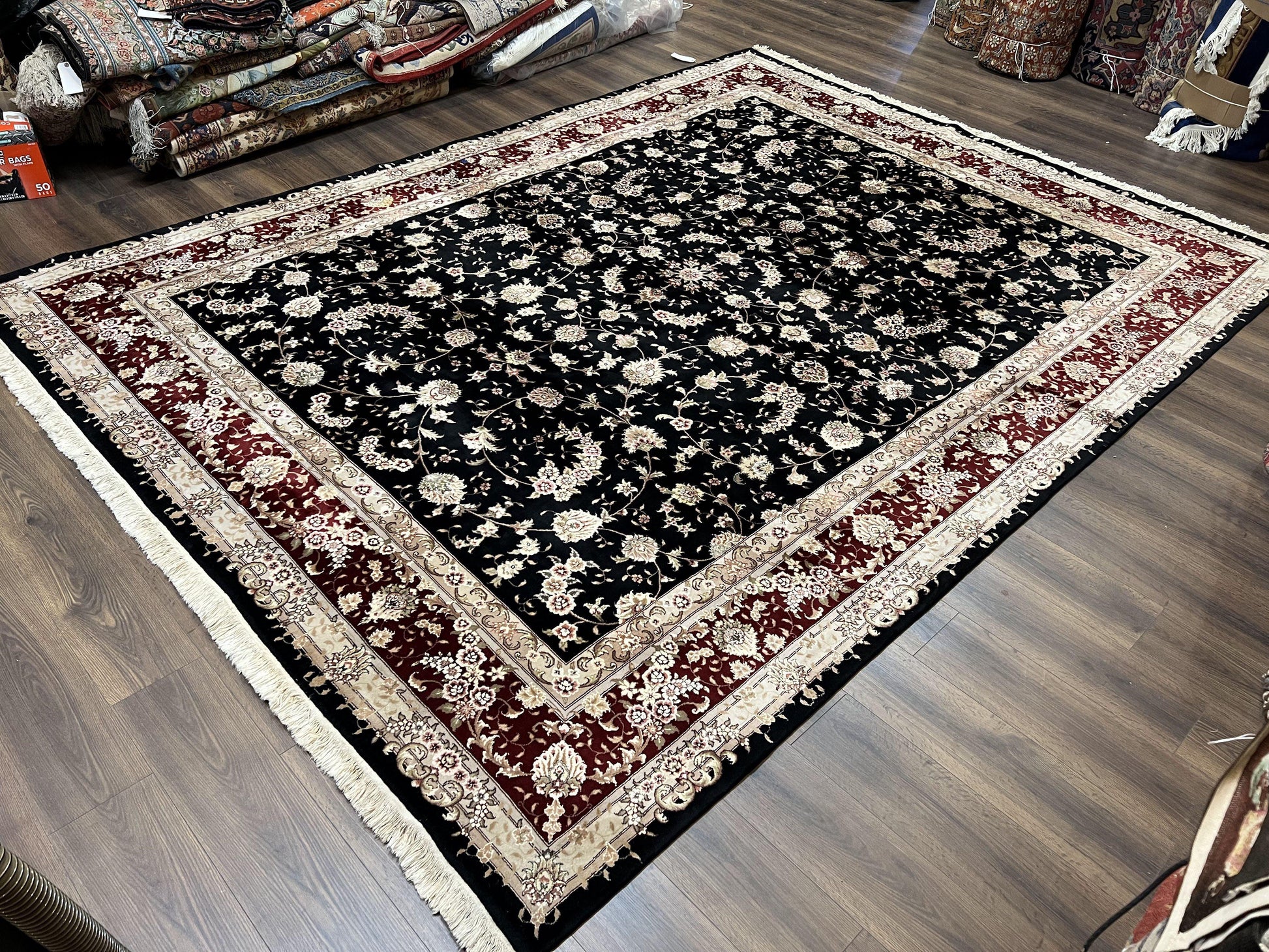 Sino Persian Rug 9x12, High Quality Oriental Carpet, Black and Maroon, Wool and Silk, Allover Floral Pattern, Hand Knotted, Vintage Rug Nice - Nuvé