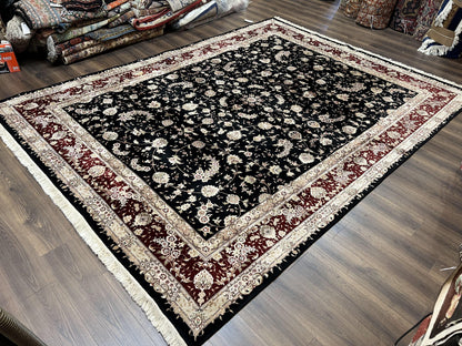 Sino Persian Rug 9x12, High Quality Oriental Carpet, Black and Maroon, Wool and Silk, Allover Floral Pattern, Hand Knotted, Vintage Rug Nice - Nuvé