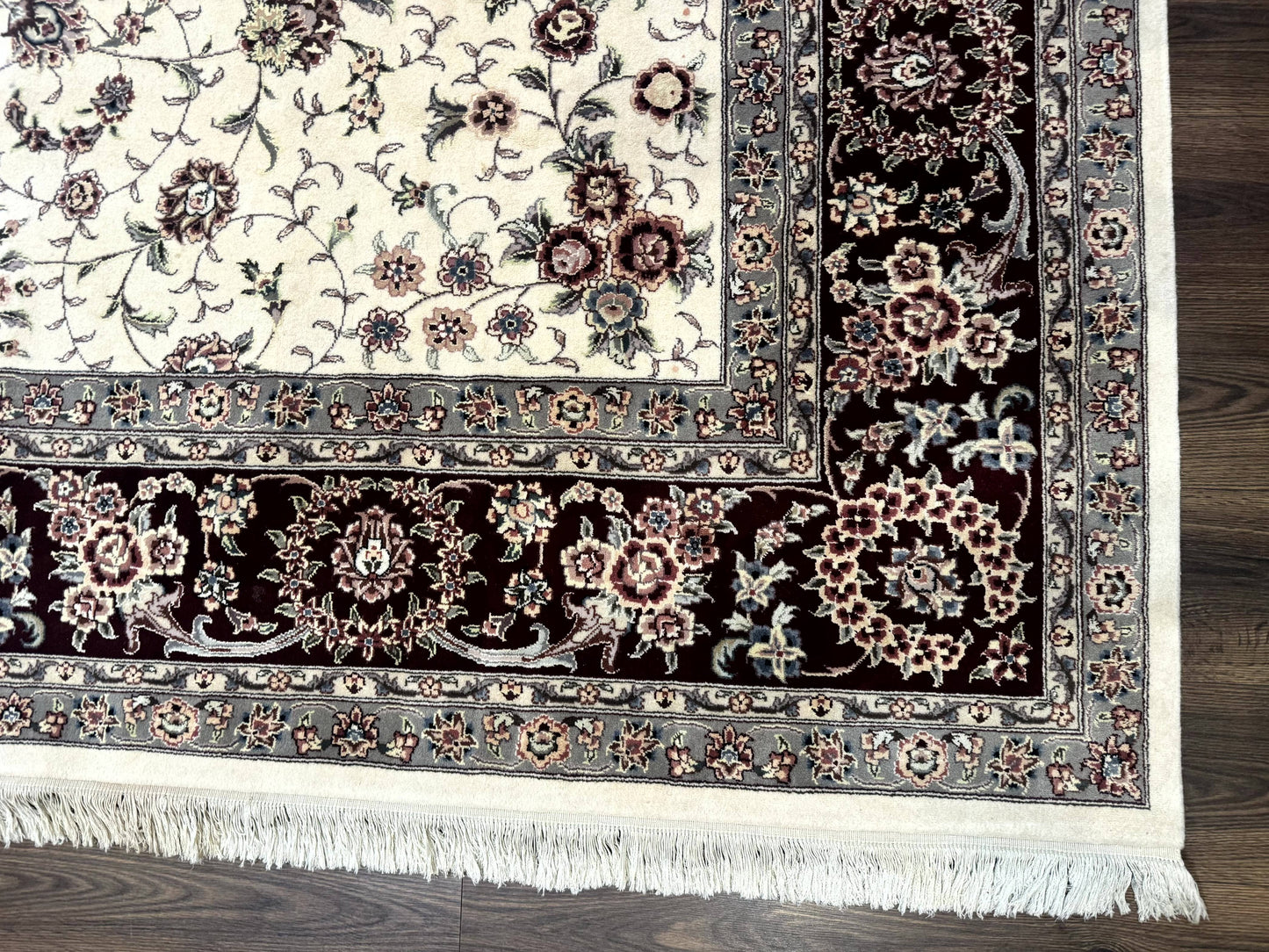 Sino Persian Rug 9x12, Floral Allover Design, 170 KPSI, Ivory and Dark Maroon - Nuvé