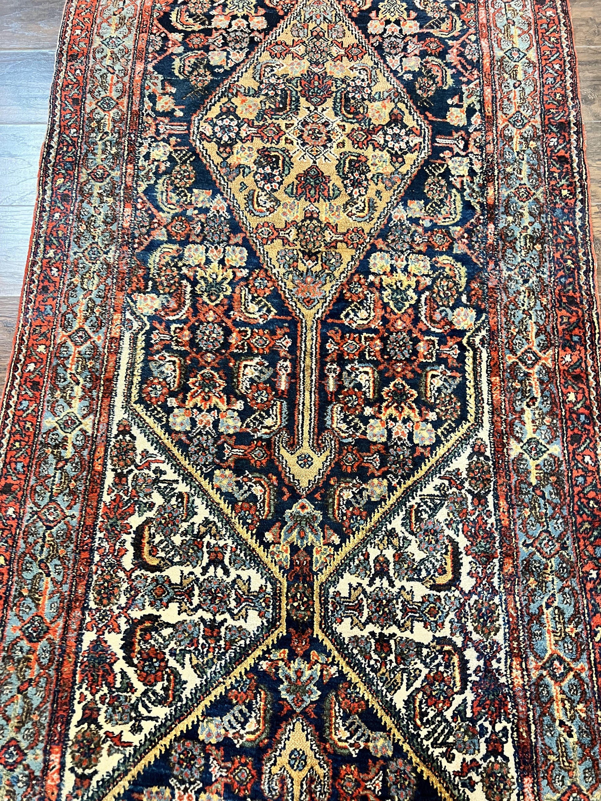 Antique Persian Runner Rug 3.7 x 15.8, Navy Blue Multicolor, Hand Knotted Handmade Wool Rug for Hallway, Geometric Medallions, Persian Hamadan Rug - Nuvé