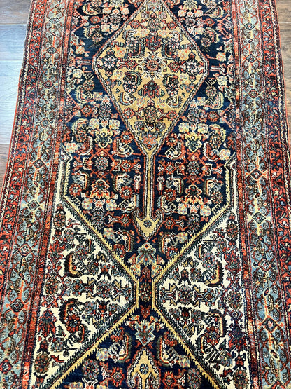 Antique Persian Runner Rug 3.7 x 15.8, Navy Blue Multicolor, Hand Knotted Handmade Wool Rug for Hallway, Geometric Medallions, Persian Hamadan Rug - Nuvé