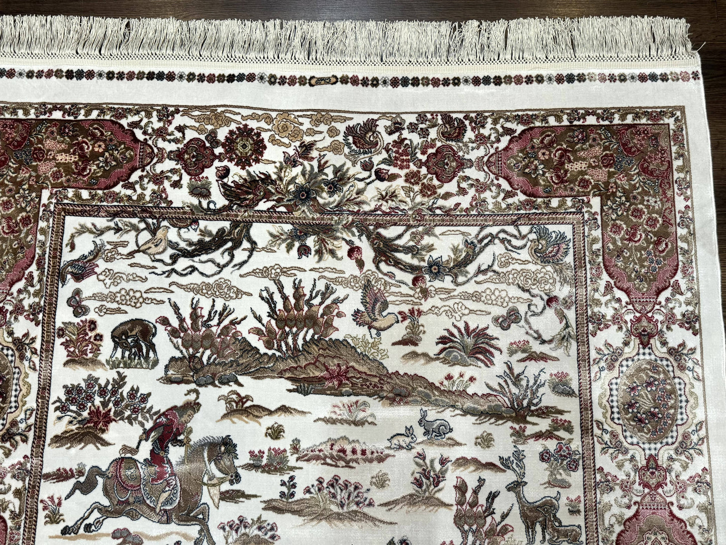 Turkish Silk Hunting Scene Rug 4x6, Ivory, Bamboo Silk, New - Nuvé