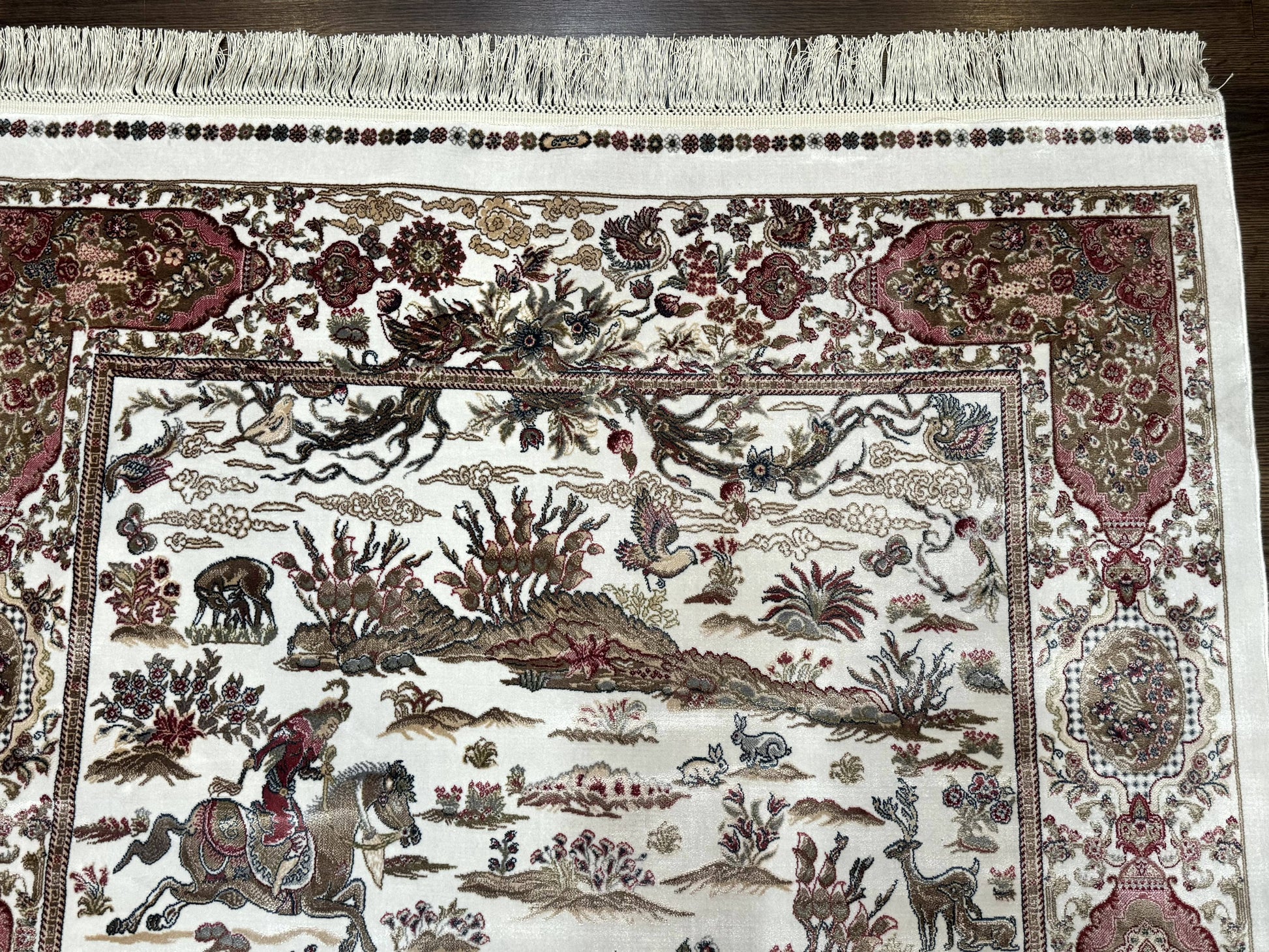 Turkish Silk Hunting Scene Rug 4x6, Ivory, Bamboo Silk, New - Nuvé