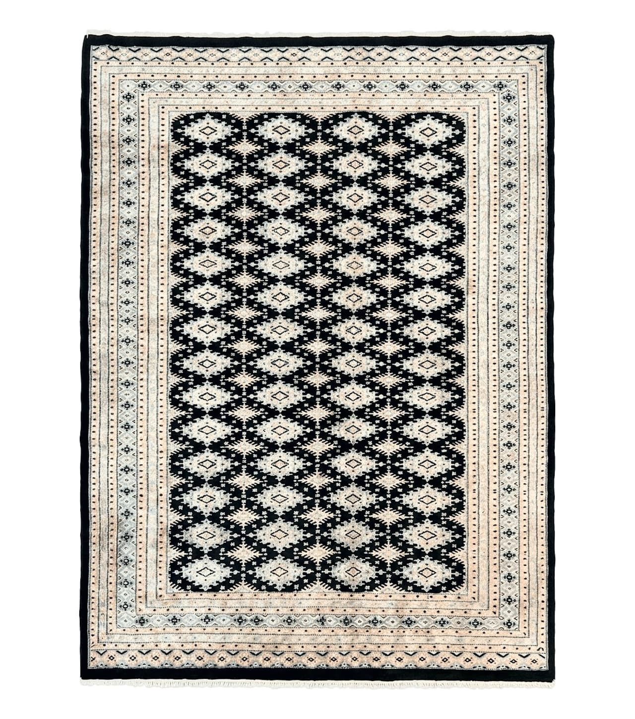 Pakistani Bokhara Rug 6x9, Hand Knotted Vintage Wool Carpet with Silk Highlights, Very Fine 320 KPSI, Medium Size