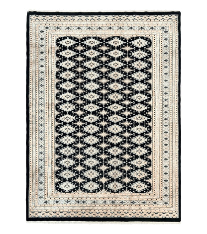 Pakistani Bokhara Rug 6x9, Hand Knotted Vintage Wool Carpet with Silk Highlights, Very Fine 320 KPSI, Medium Size