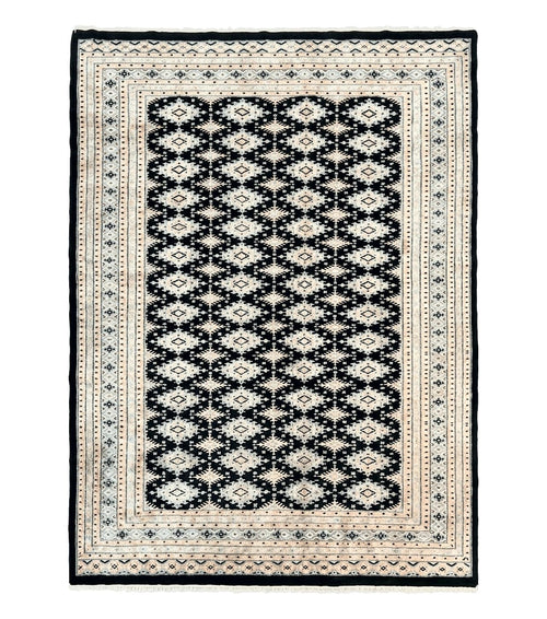 Pakistani Bokhara Rug 6x9, Hand Knotted Vintage Wool Carpet with Silk Highlights, Very Fine 320 KPSI, Medium Size