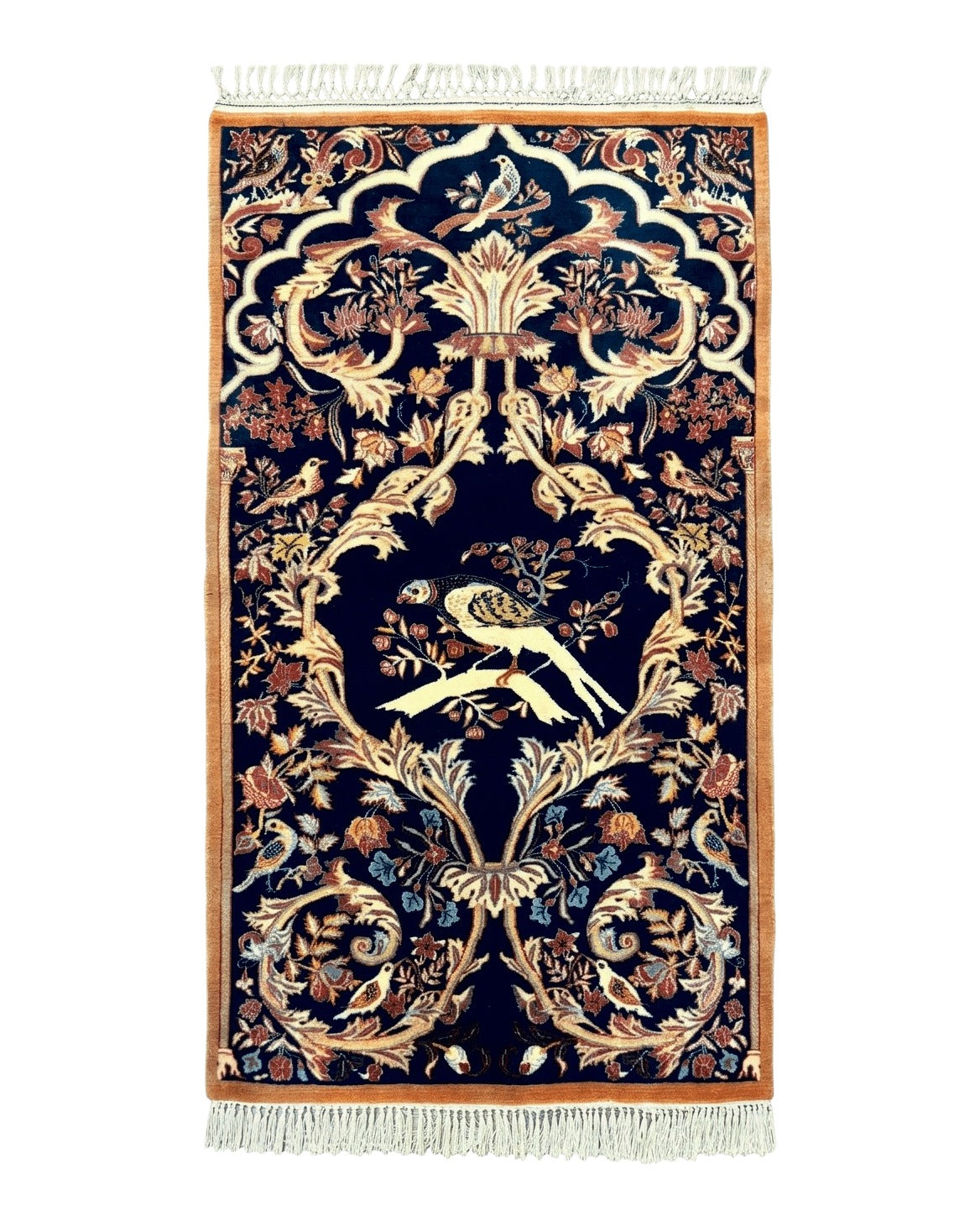 Persian Isfahan Rug 2x4, Birds, Navy Blue, Kork Wool on Silk Foundation, 460 KPSI