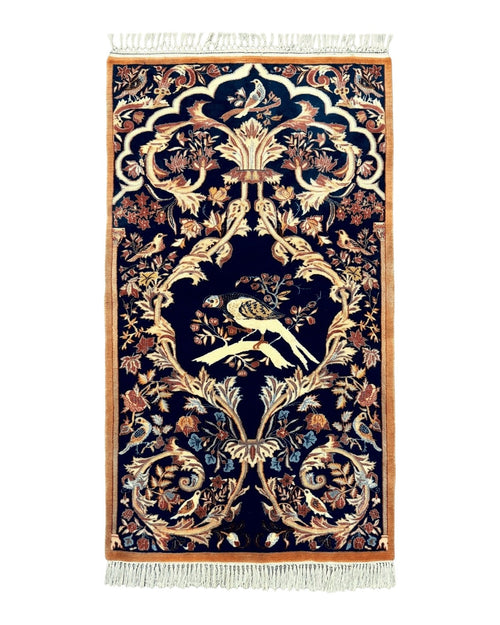 Persian Isfahan Rug 2x4, Birds, Navy Blue, Kork Wool on Silk Foundation, 460 KPSI