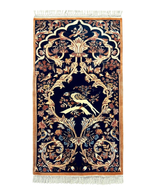 Persian Isfahan Rug 2x4, Birds, Navy Blue, Kork Wool on Silk Foundation, 460 KPSI