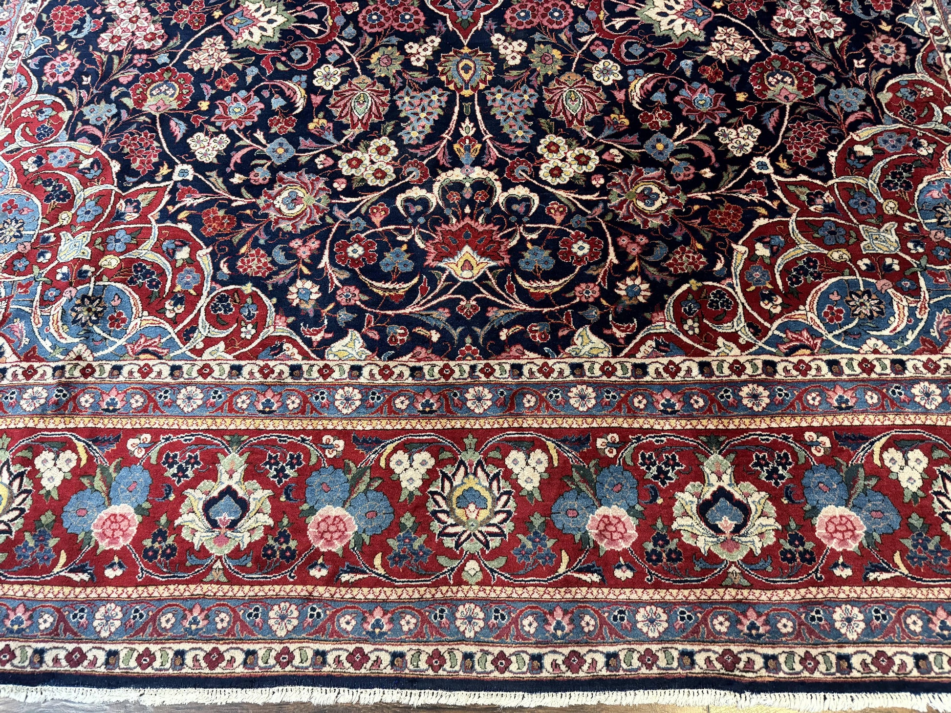 Navy Blue Persian Rug 9x12, Antique Persian Carpet, Kork Wool, 200 KPSI, Persian Kashan Rug - Nuvé