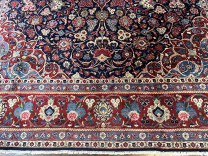 Navy Blue Persian Rug 9x12, Antique Persian Carpet, Kork Wool, 200 KPSI, Persian Kashan Rug - Nuvé