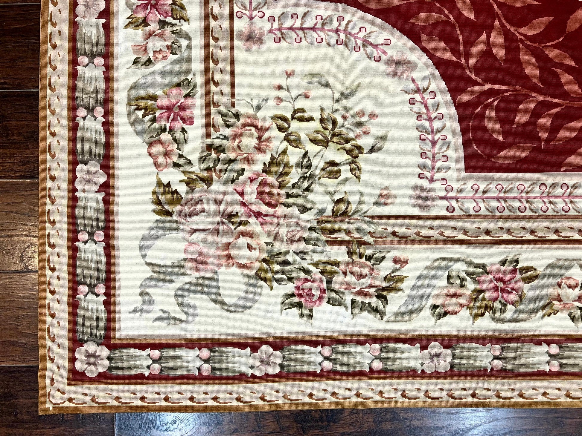 Wonderful Aubusson Rug 9x12, Handmade Vintage Needlepoint Carpet, Red and Ivory, Elegant European Design, Wool - Nuvé
