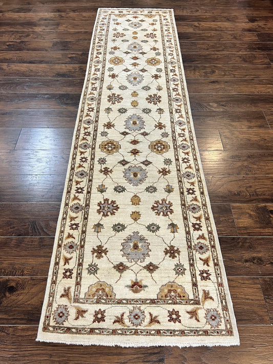 Peshawar Runner 2.7 x 10, Beige Floral Hand Knotted Vintage Wool Oriental Runner, Hallway Rug, Farmhouse Rug, Neutral Colors - Nuvé