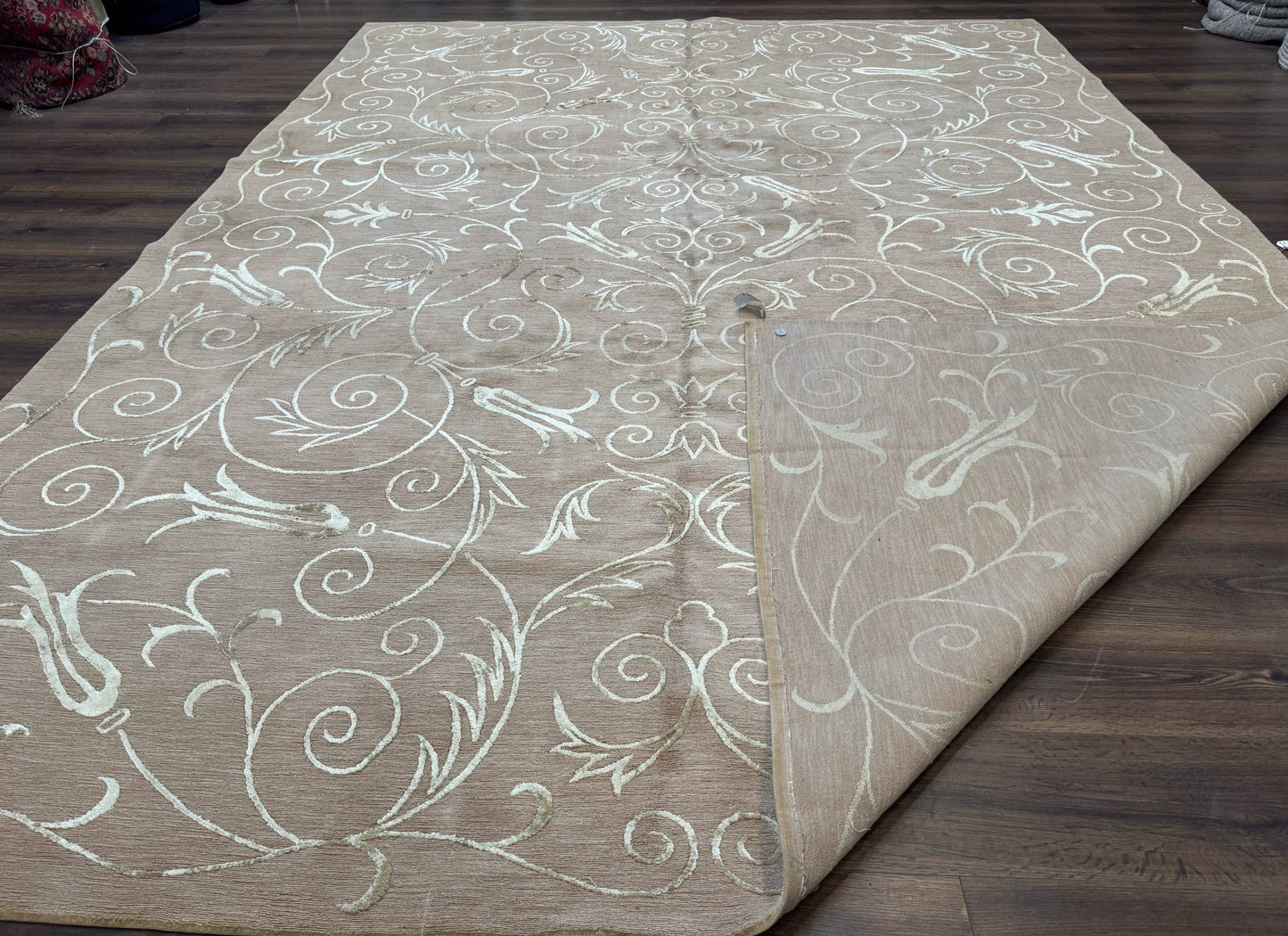 Tibetan Rug 9x12 Wool and Silk Beige Modern Handmade Carpet - Nuvé