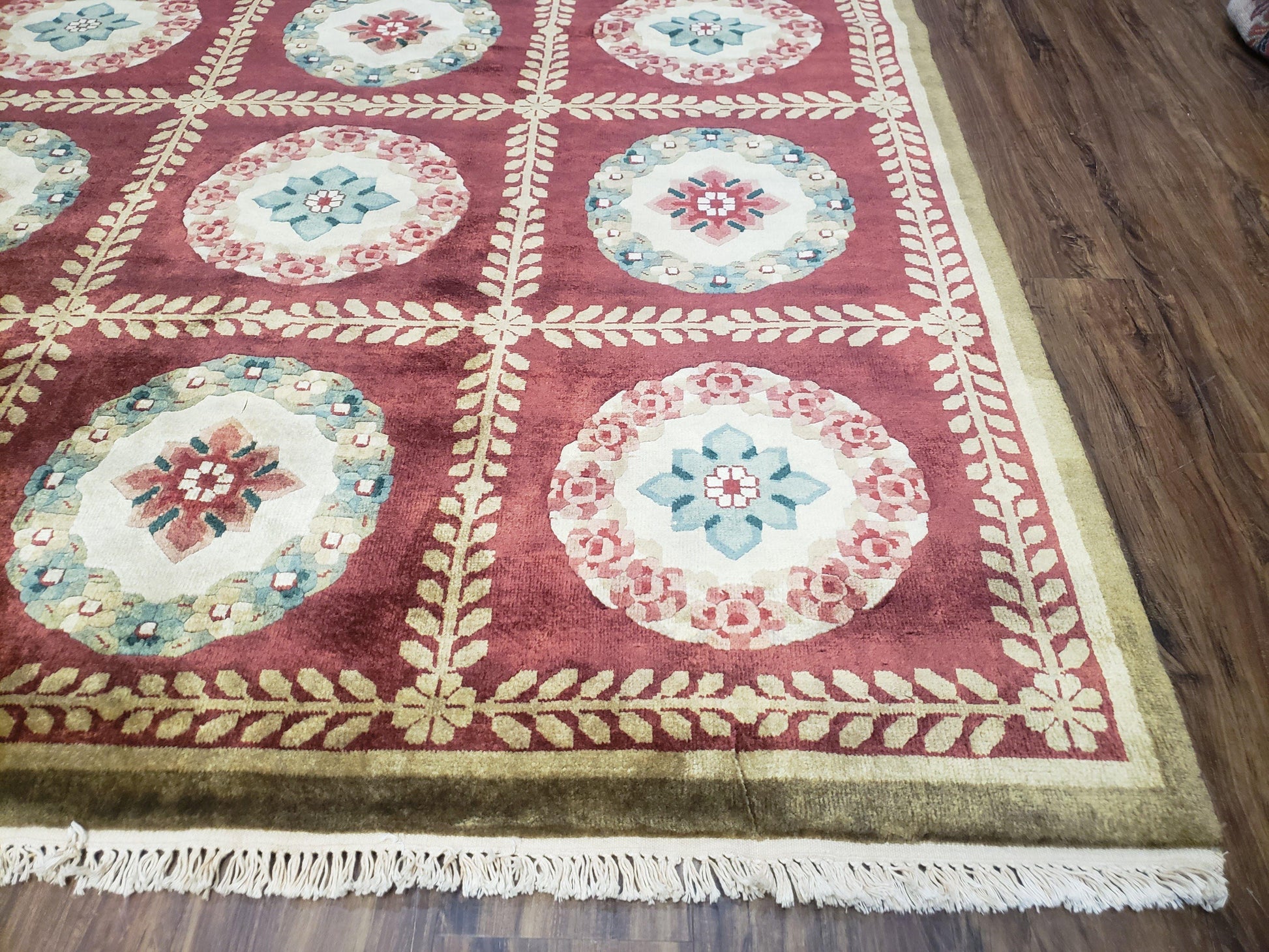 Nepalese Aubusson Panel Rug 6x9, Red & Ivory Soft Plush Tibetan Pile Rug, Wool Hand-Knotted Carpet, 6 x 9 Elegant Area Rug, Office Room Rug - Nuvé
