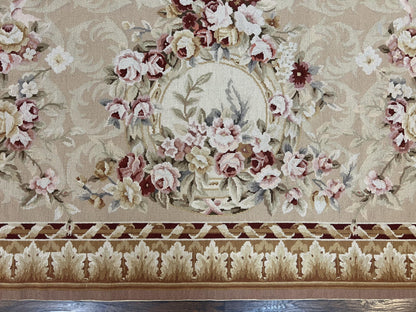 Aubusson Rug 9x12, Elegant Savonnerie Carpet 9 x 12 ft, Beige Ivory Tan, Floral, Flatweave Wool Handmade Area Rug 9 x 12 ft, European French - Nuvé