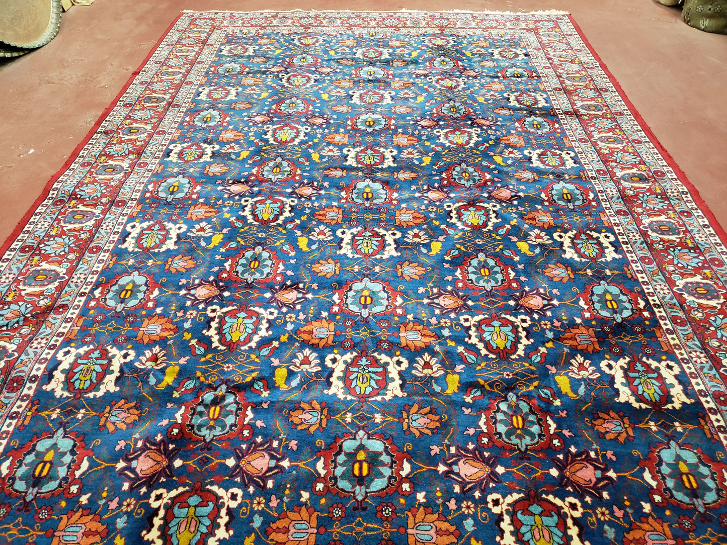 Rare Antique Persian Veramin Carpet, Mina-Khani Pattern, Blue, Red, Ivory, 7x11 ft, Hand-Knotted, Wool - Nuvé