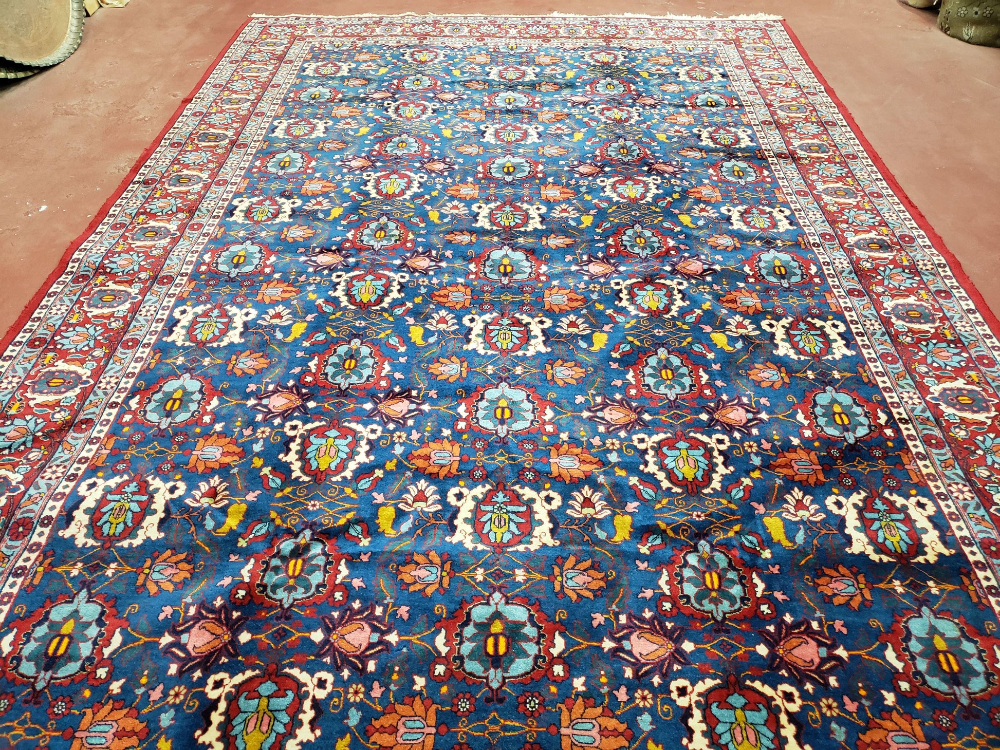 Rare Antique Persian Veramin Carpet, Mina-Khani Pattern, Blue, Red, Ivory, 7x11 ft, Hand-Knotted, Wool - Nuvé