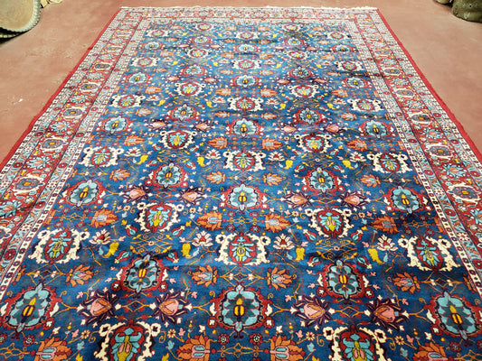 Rare Antique Persian Veramin Carpet, Mina-Khani Pattern, Blue, Red, Ivory, 7x11 ft, Hand-Knotted, Wool - Nuvé